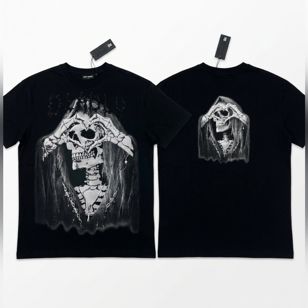 NWT Left Point Deadly Gothic Love Tee -Embellished Skull Heart Hand Sign T-Shirt